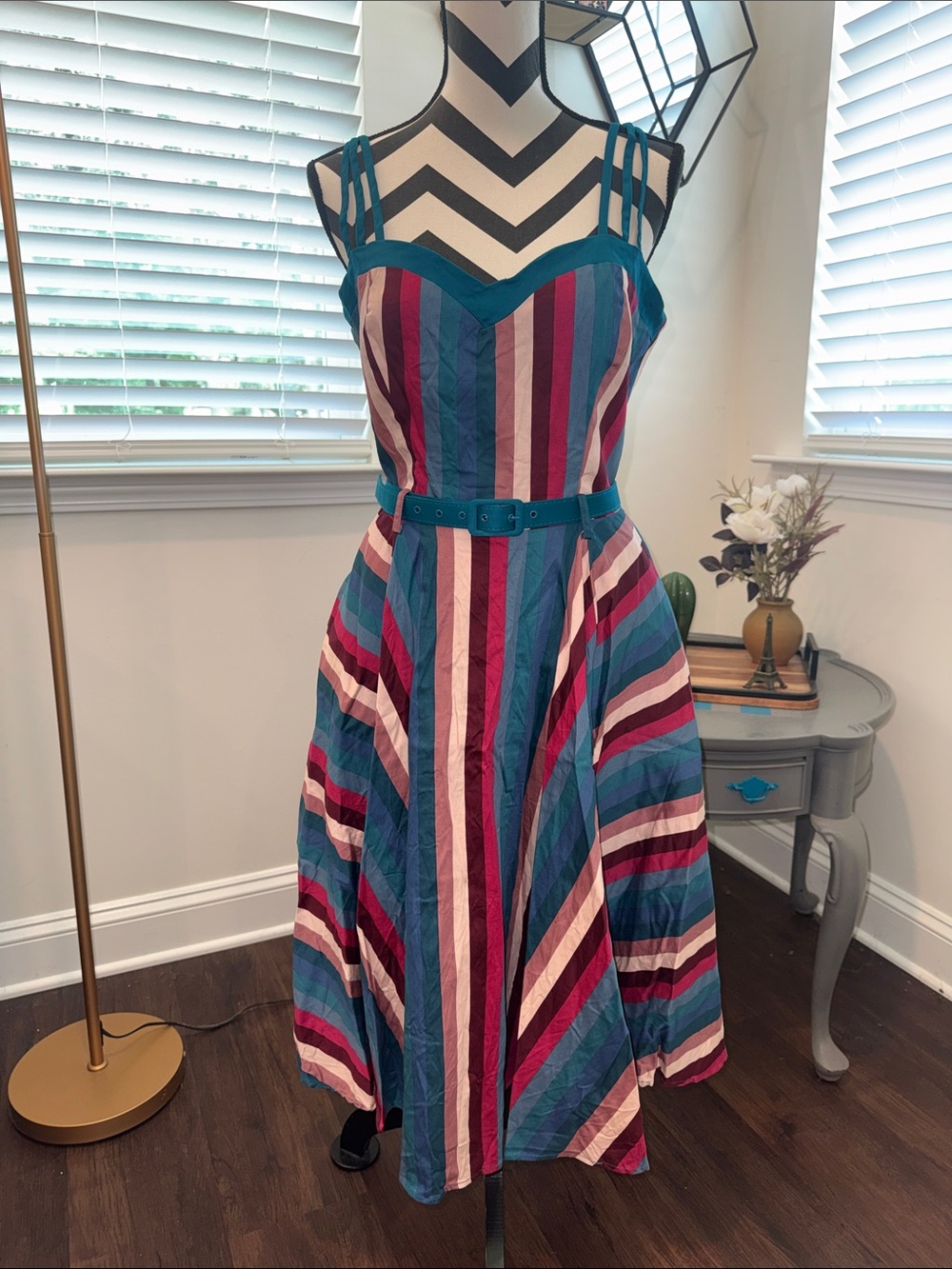 Unique Vintage Collectif Nova Paradise Teal & Pink Stripe Swing Dress - Picture 6 of 14
